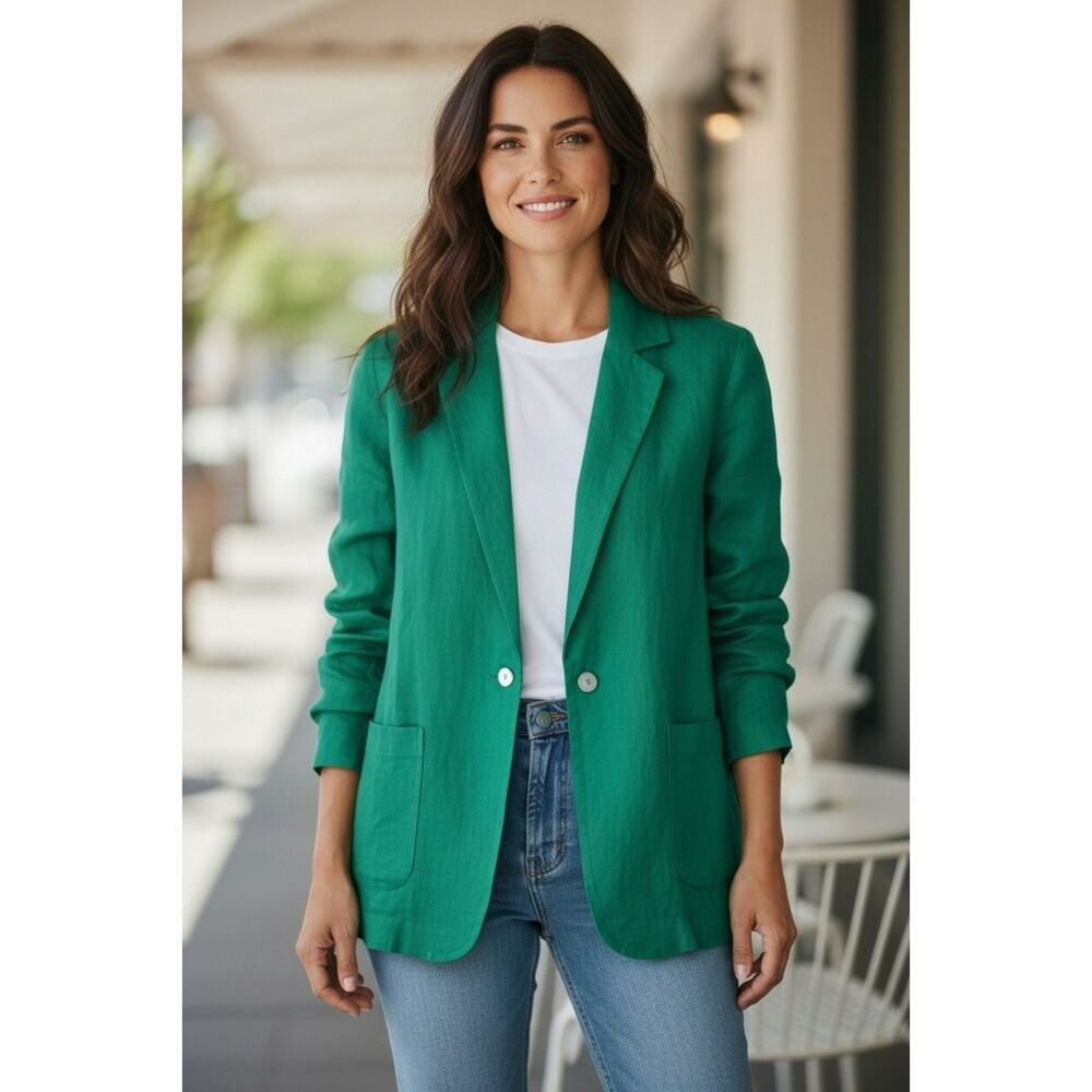 Kiko comfortable clothing 100% linen green embroidered jacket/top size S #53